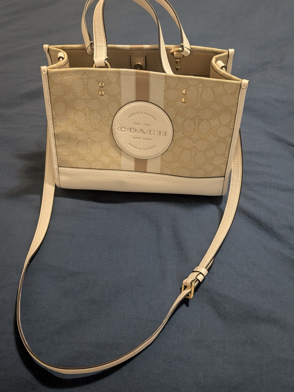 Coach Cream Pebble Leather & Signature Canvas Tote with Stripe